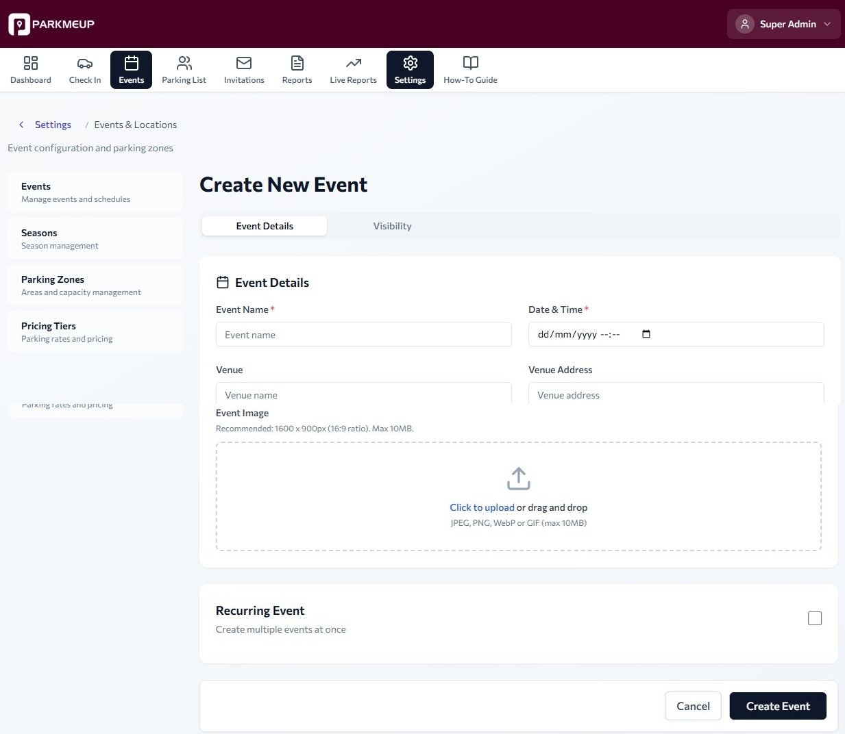 Create New Event form